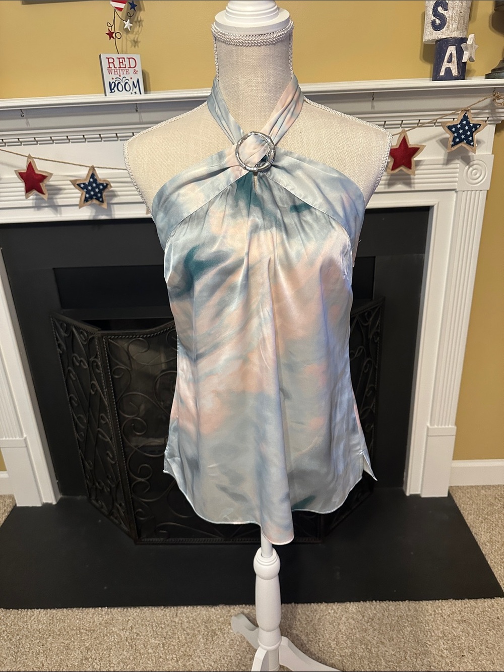 White House Black Market Halter Satin Tie-Dye Tank Top in Pastel Blue and Peach